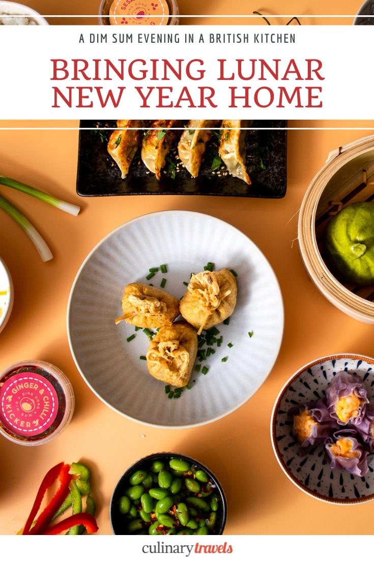 Dim sum spread for a Lunar New Year meal at home with the title ‘Bringing Lunar New Year Home – A Dim Sum Evening in a British Kitchen